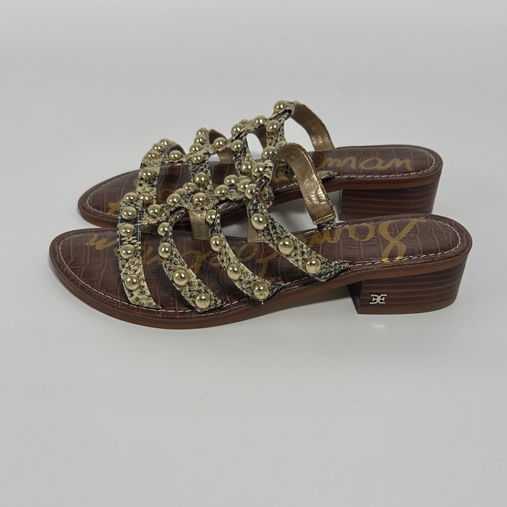 Sam Edelman Gold Studded Sandals Snake-Print Women’s SZ 9 Leather Strappy Flats - Picture 3 of 8